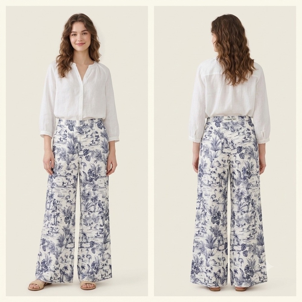 J.McLaughlin Amal Wide Leg Pants 8 White Navy Heron Toile Tropical High Rise NEW